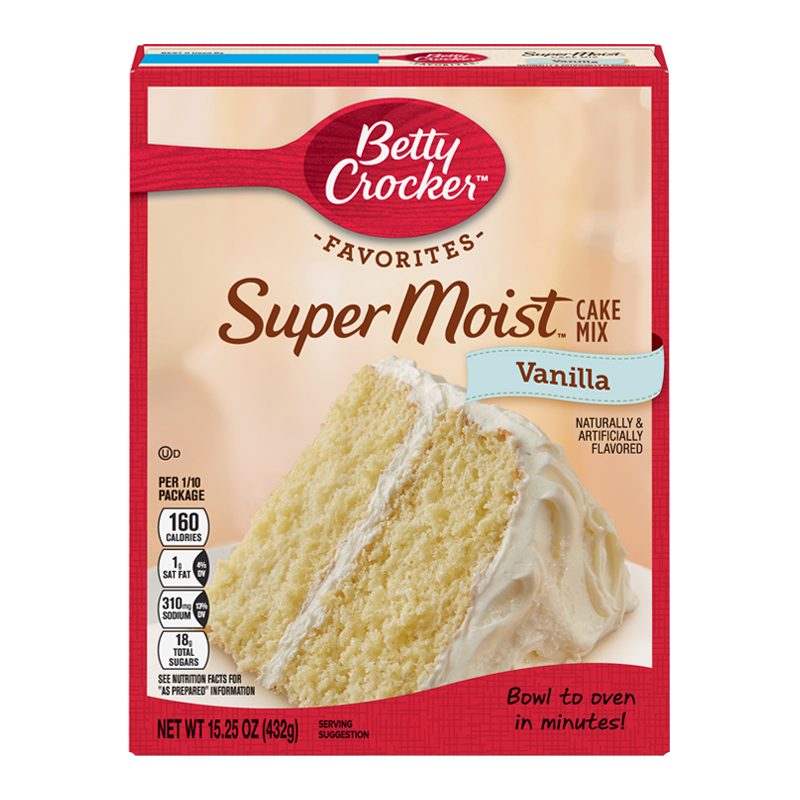 Front of Betty Crocker Super Moist Vanilla Cake Mix box displaying logo, vanilla flavour label, and image of frosted cake (432g pack)
