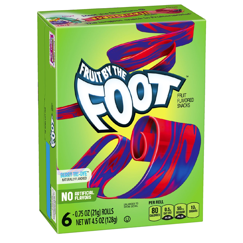Front of Fruit By The Foot Berry Tie-Dye box showing vibrant colours, brand logo, and six rolls in a 4.5 oz (128g) pack.