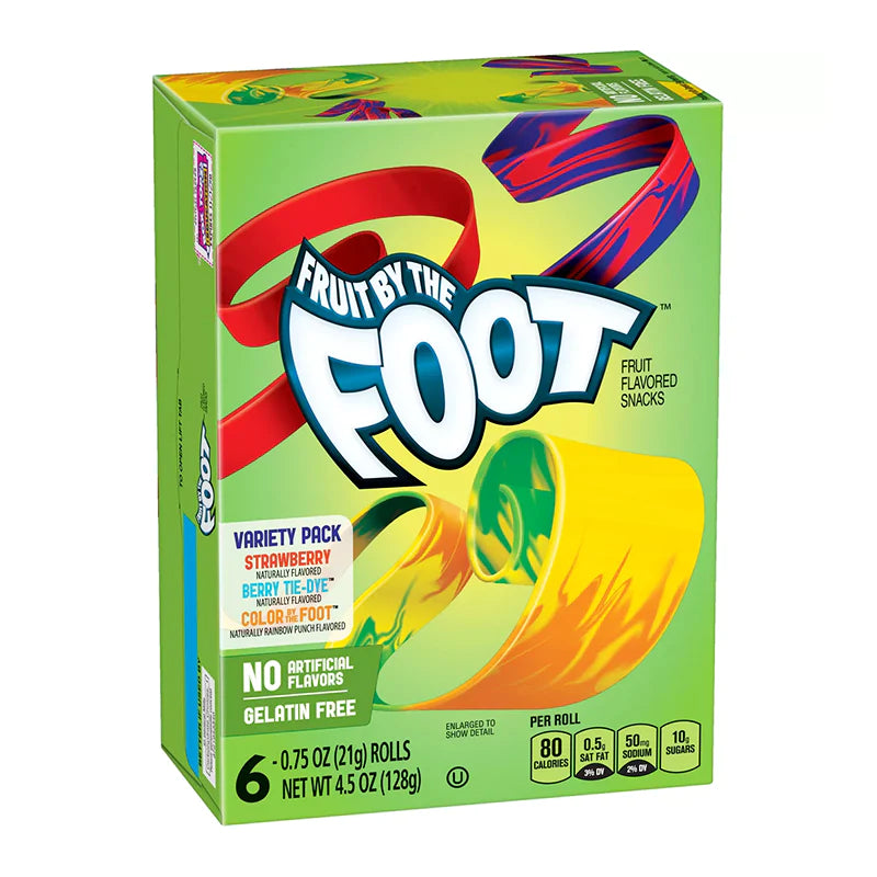 Front of Fruit by the Foot Variety Pack showing vibrant packaging with logos, flavour descriptions, and 6 rolls (128g pack)