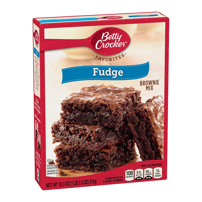 Front of Betty Crocker Fudge Brownie Mix box showing rich, layered brownies and blue fudge label (519g pack)