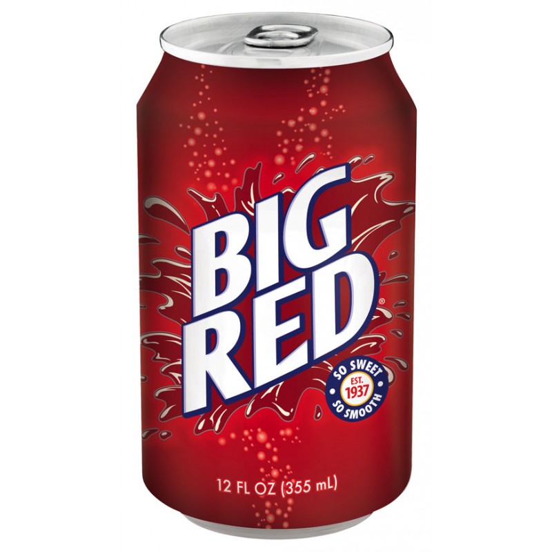 Front of Big Red Soda can showing bright red design, logo, and 355ml size details