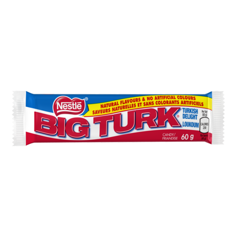 Front of Nestle Big Turk wrapper featuring Turkish delight text, natural flavours claim, and pack size (60g)