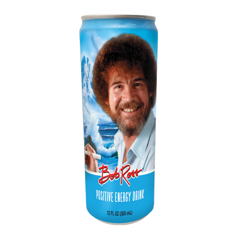 Front of Bob Ross Positive Energy Drink can featuring an illustration of Bob Ross, logo, and vibrant blue background (355ml).