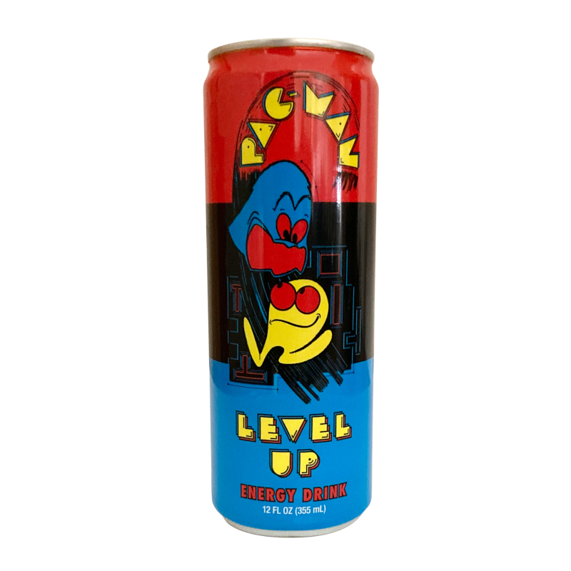 Front of Pac-Man Level Up Energy Drink can showing vibrant artwork, character graphics, and 355ml volume details.