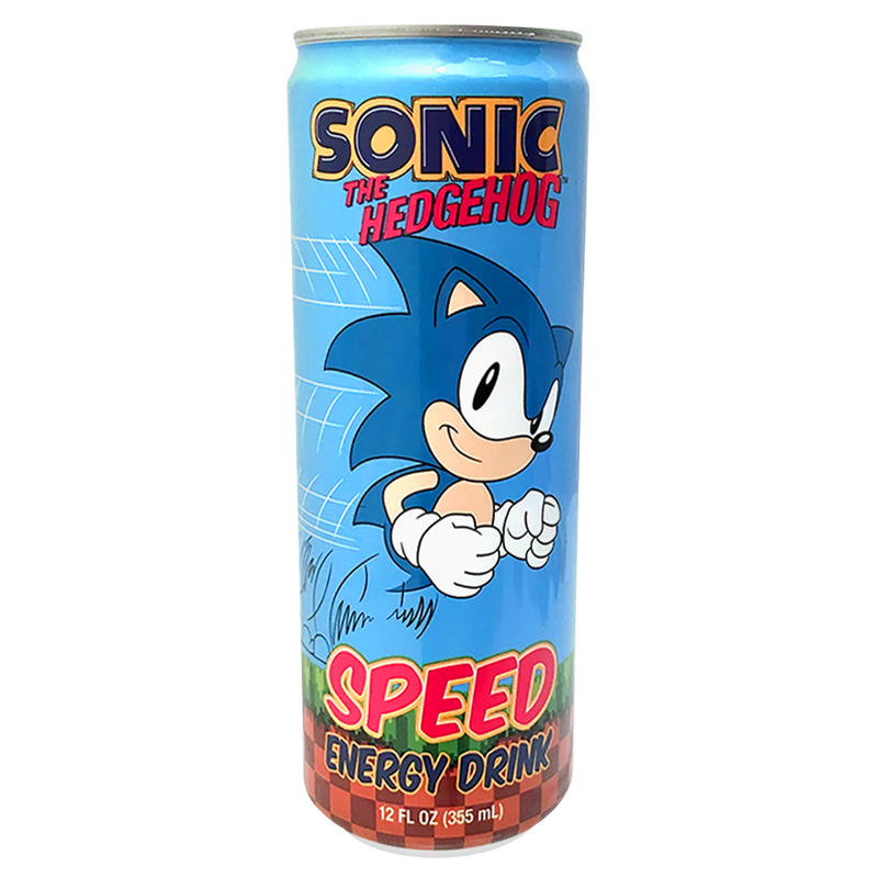 Front of Sonic the Hedgehog Speed Energy Drink can showing blue design, iconic character, and product title (355ml)