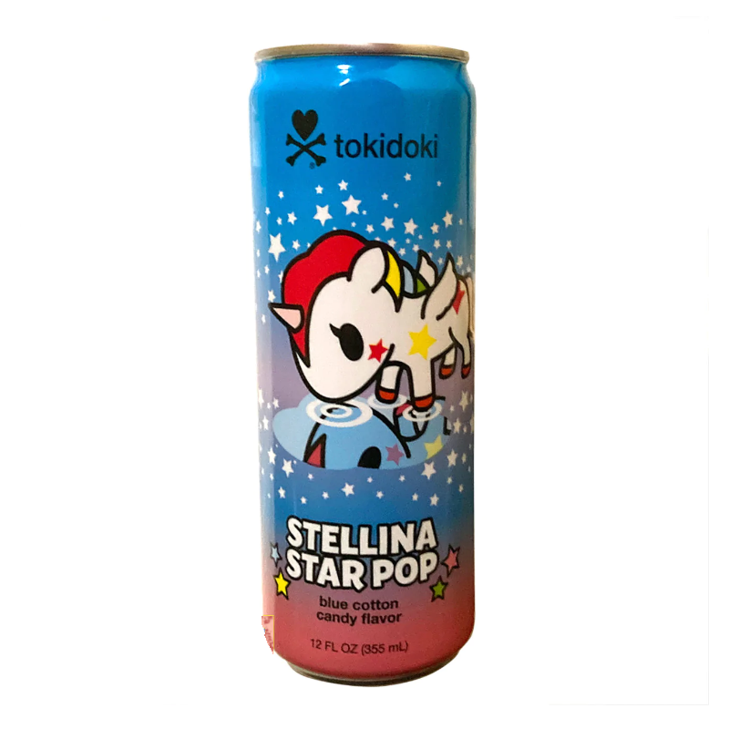 Front of Tokidoki Stellina Star Pop Blue Cotton Candy Soda can showing colourful unicorn design, blue cotton candy flavour label, and 355ml size