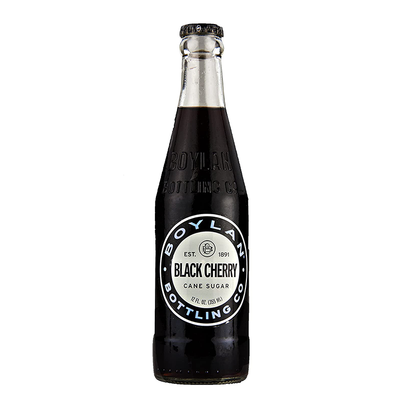 Front of Boylan Black Cherry Soda bottle featuring the logo, black cherry flavour label, and cane sugar indication (355ml)