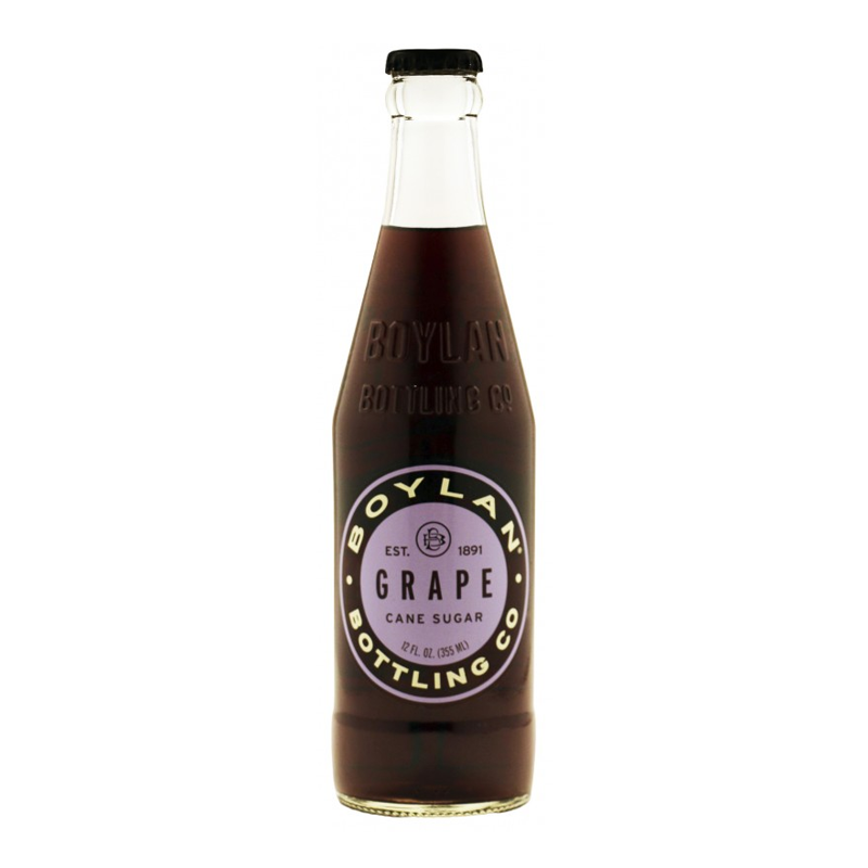 Front of Boylan Grape Soda bottle showing the logo, grape flavour label, and cane sugar text (355ml bottle)