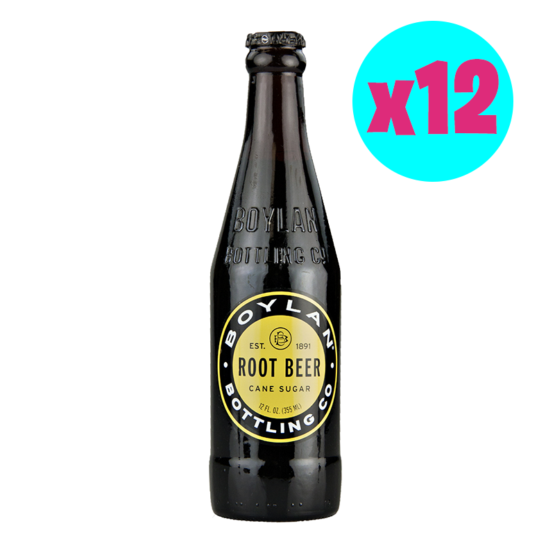 Front of Boylan Root Beer bottle featuring the logo, cane sugar label, and 355ml quantity, shown in a 12 pack