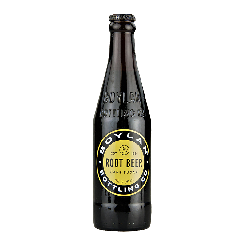 Front of Boylan Root Beer bottle featuring classic black design, cane sugar label, and 355ml volume information