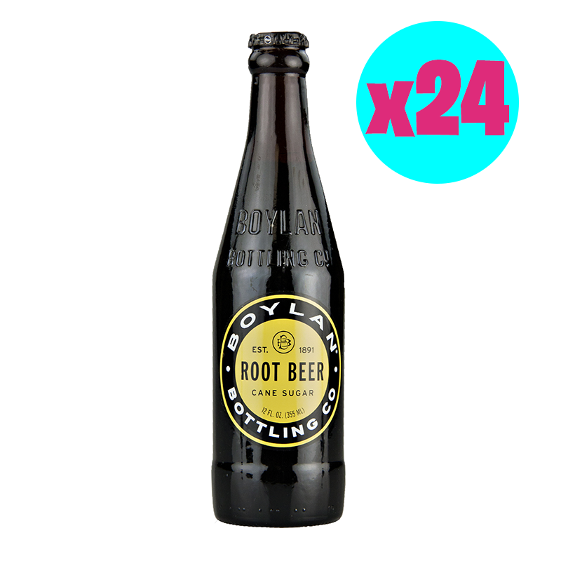 Front of Boylan Root Beer bottle showing iconic logo, cane sugar label, and details of 24 pack (355ml x 24)