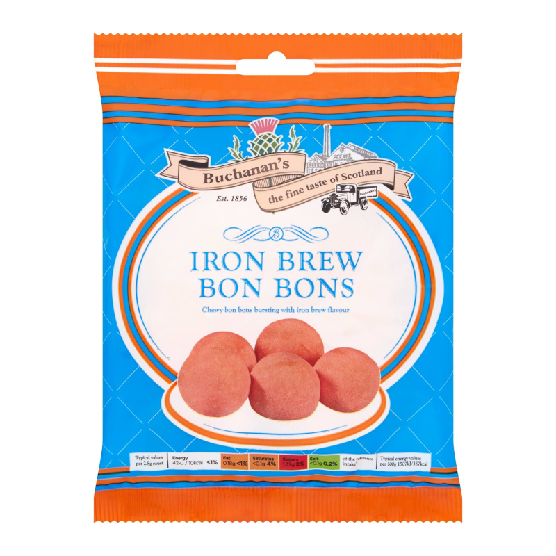 Front of Buchanan's Iron Brew Bonbons bag showing blue and orange design, chewy bon bons, and iron brew flavour label (180g pack)