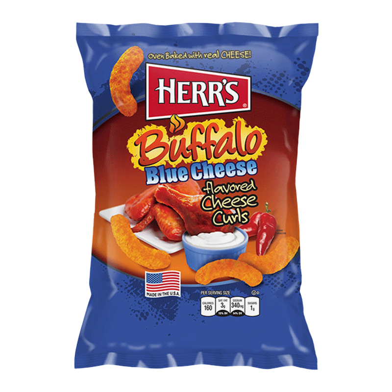 Front of Herr's Buffalo Blue Cheese Flavoured Cheese Curls bag showing the logo, bold flavour description, and image of cheese curls (170g pack)