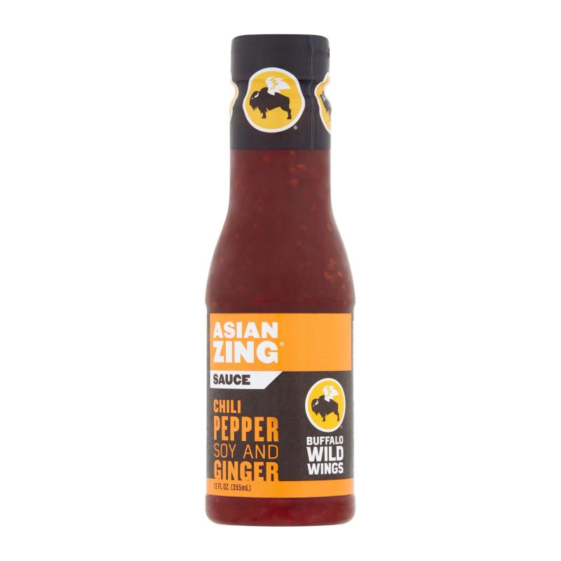 Front of Buffalo Wild Wings Asian Zing Sauce bottle showing bold logo, Asian Zing label, and chilli pepper, soy, and ginger description (355ml pack)