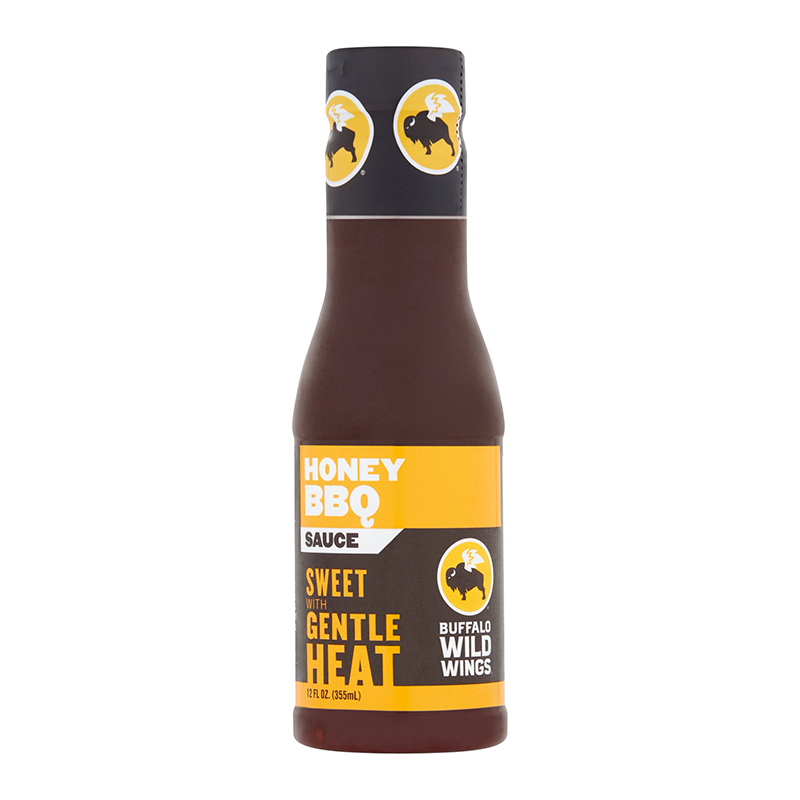 Front of Buffalo Wild Wings Honey BBQ Sauce bottle featuring the logo, honey BBQ label, and 355ml size details.
