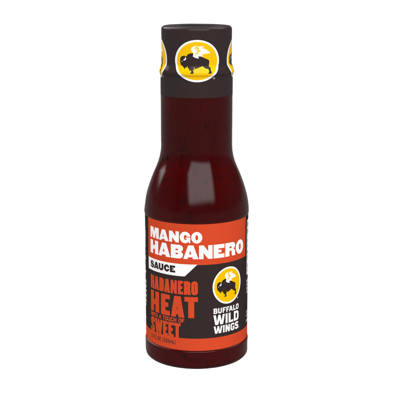 Front of Buffalo Wild Wings Mango Habanero Sauce bottle showing vibrant orange label, habanero heat and sweet mango flavour details, and 355ml size.