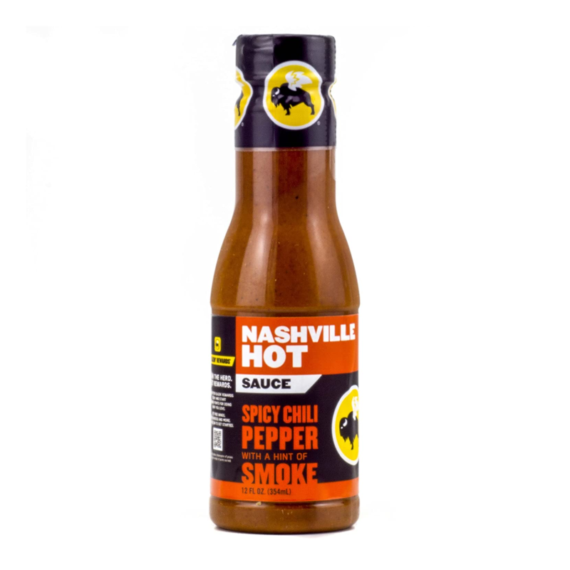 Front of Buffalo Wild Wings Nashville Hot Sauce bottle showing bold orange label, spicy chili pepper flavour details, and 355ml size.