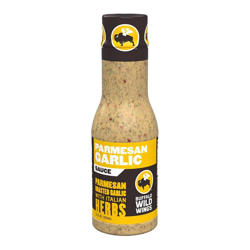 Front of Buffalo Wild Wings Parmesan Garlic Sauce bottle showing logo, parmesan garlic label with Italian herbs, and 355ml pack size
