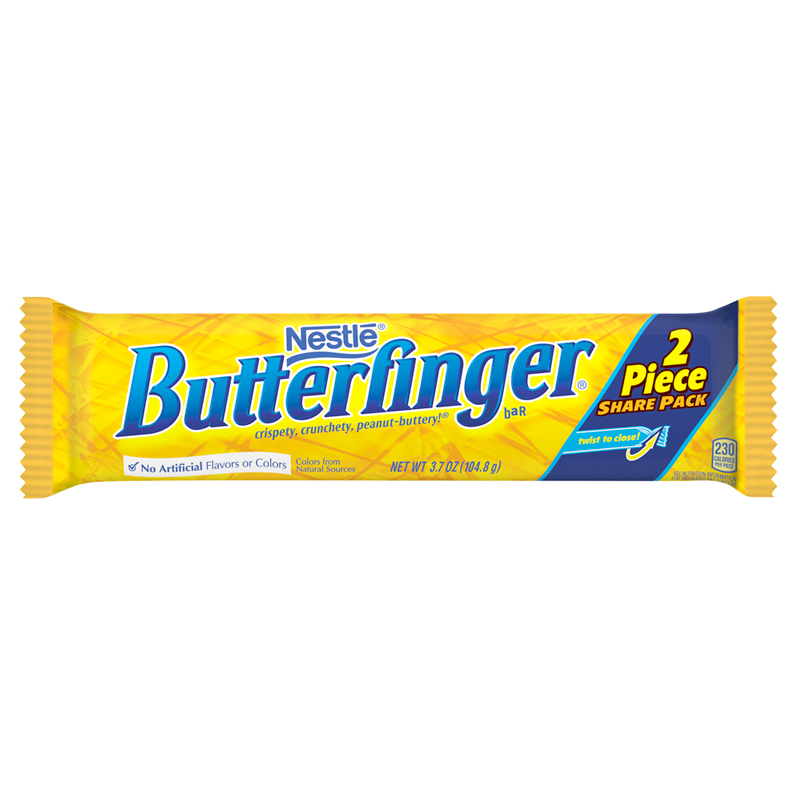 Front of Butterfinger 2 Piece Share Pack Bar showing bright yellow packaging with logo and description of crispy, crunchy, peanut buttery taste (104.8g)