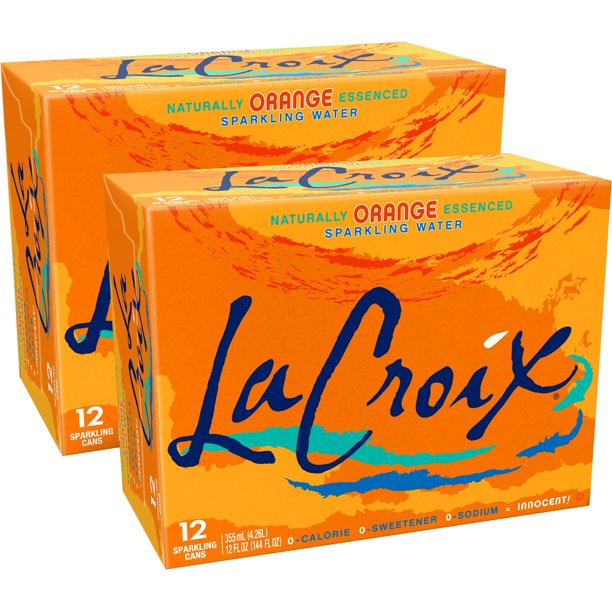 Front of La Croix Orange sparkling water case showing vibrant orange design, brand logo, and pack details (24 cans of 355ml each)
