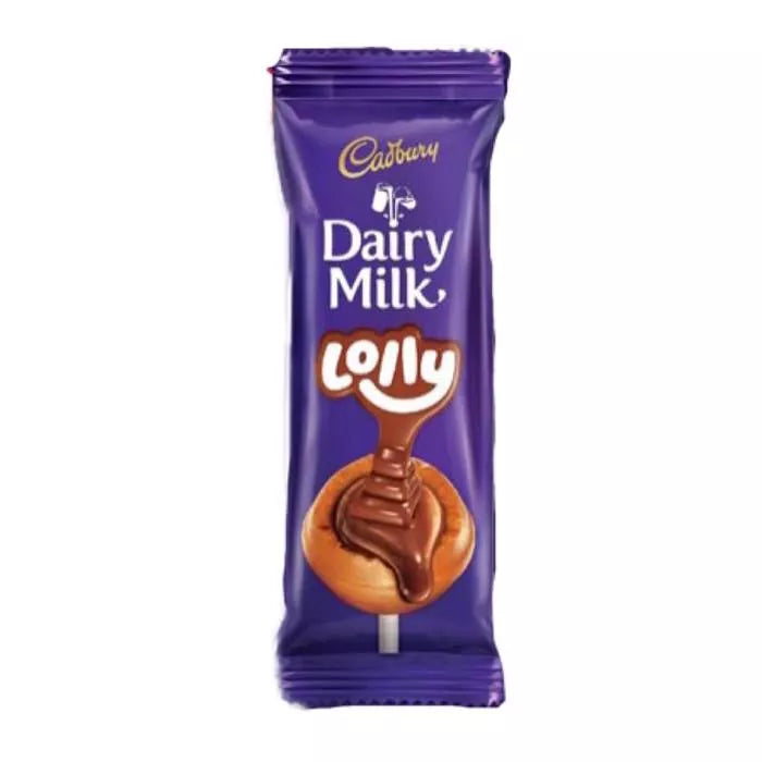 Front of Cadbury Dairy Milk Lolly packaging showing the logo, product name, and image of the chocolate treat on a stick.
