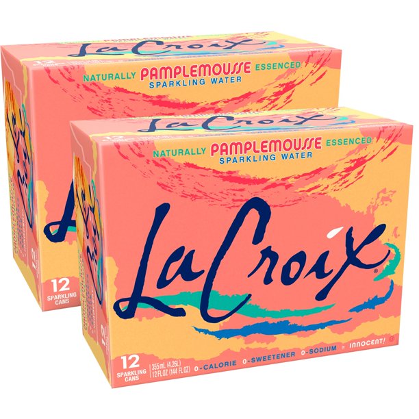 Front of La Croix Pamplemousse (Grapefruit) case showing brand logo, flavour details, and pack size (24 cans of 355ml)