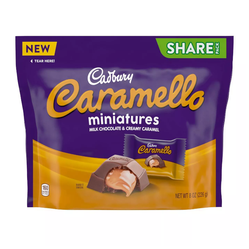 Front of Cadbury Caramello Mini's Share Pack showing logo, milk chocolate and creamy caramel description, and 226g pack size