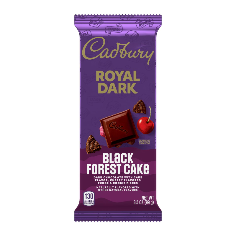 Front of Cadbury Royal Dark Black Forest Cake Bar showing dark chocolate logo, cake flavour details, cherry pieces, and pack size (99g)