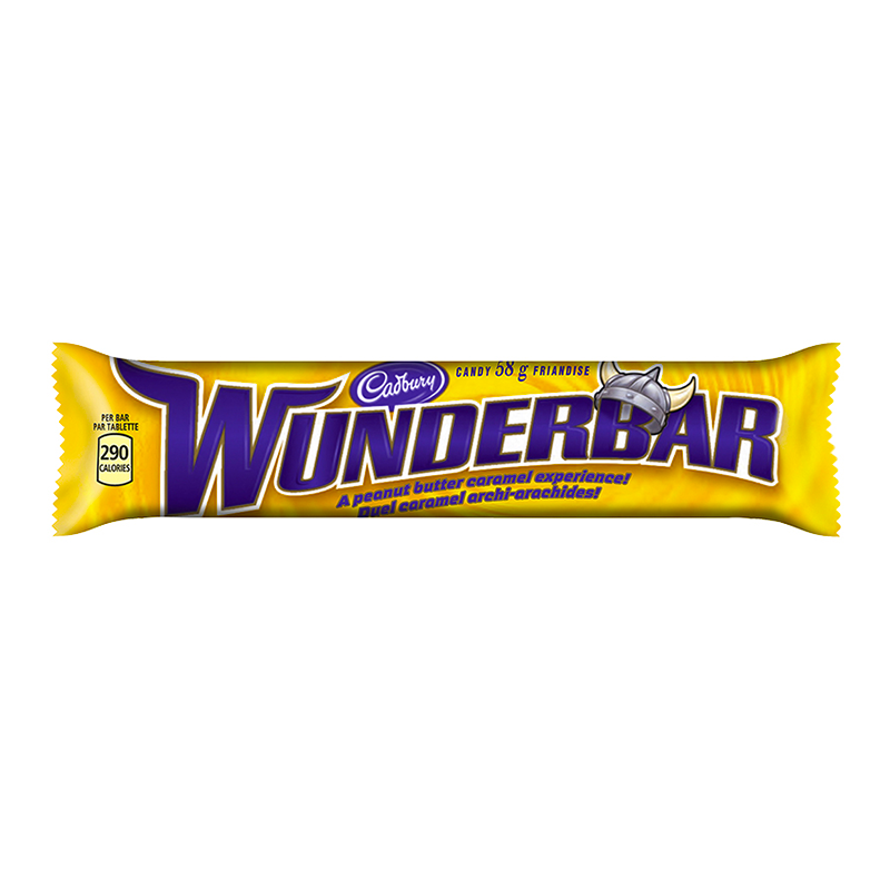 Front of Cadbury Wunderbar bar showing bold purple logo, peanut butter caramel flavour label, and 58g pack size details