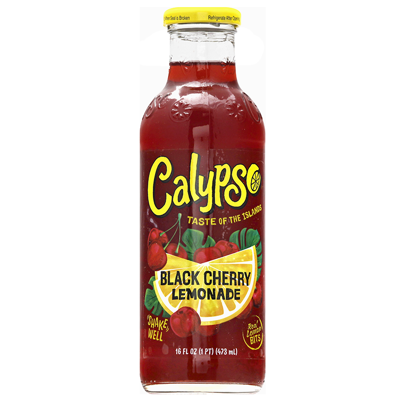 Front of Calypso Black Cherry Lemonade bottle showing logo, bright cherry and lemon graphics, and beverage details on a 473ml pack