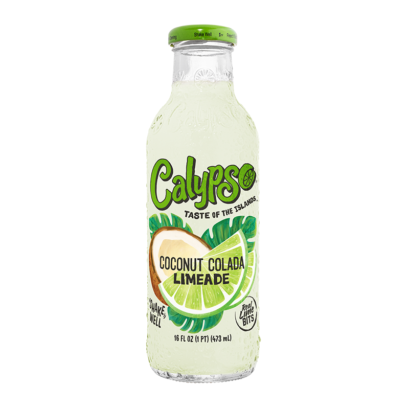 Front of Calypso CocoNut Colada Limeade bottle showing brand logo, coconut and lime imagery, and 473ml quantity