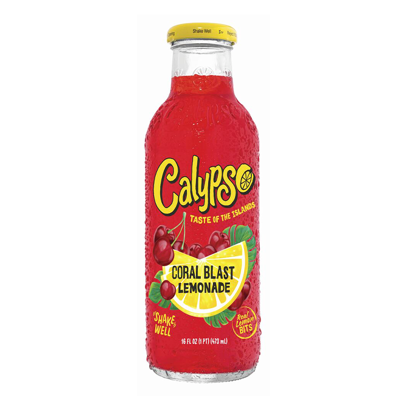 Front of Calypso Coral Blast Lemonade bottle showing vibrant logo, cherry flavour label, and real lemon bits (473ml pack)