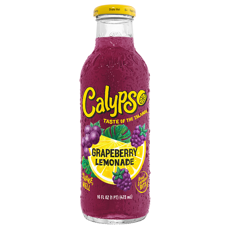 Front of Calypso Grape Berry Lemonade bottle showing the logo, grape and berry illustrations, and 473ml volume label.