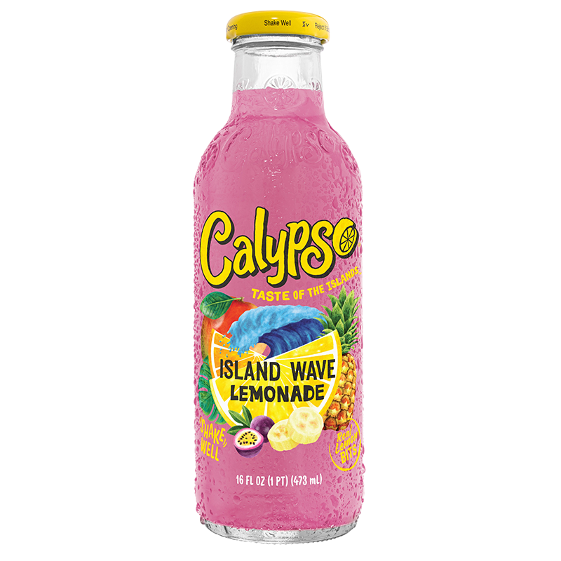 Front of Calypso Island Wave Lemonade bottle featuring bright colours, fruity imagery, and label details (473ml)