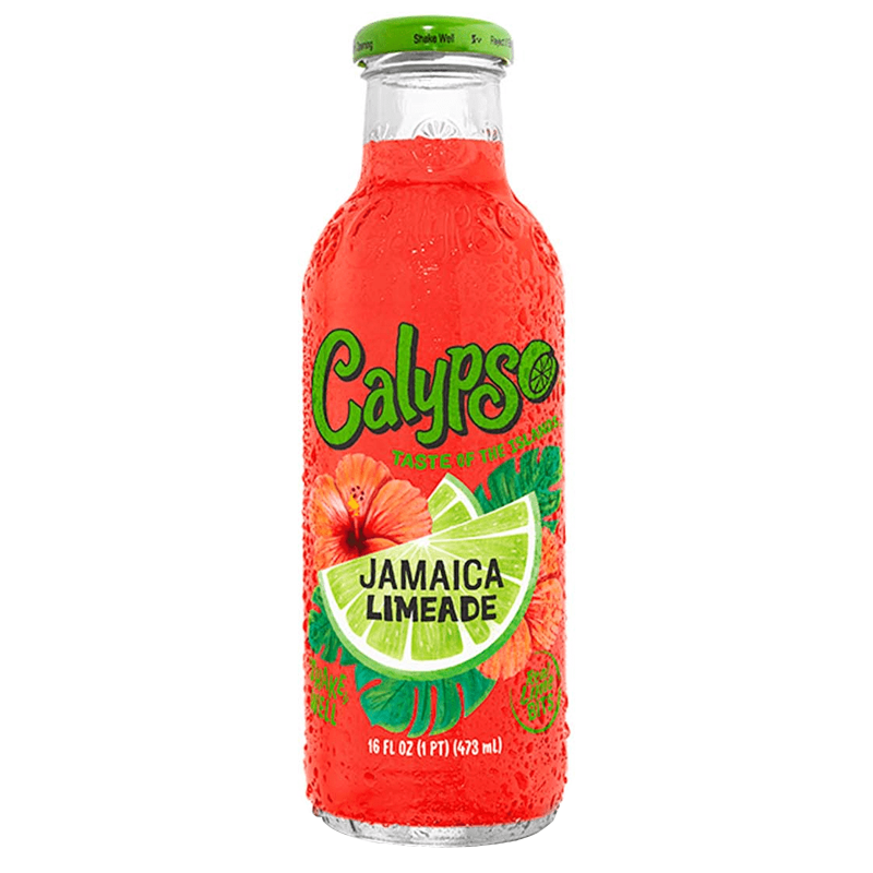 Front of Calypso Jamaica Limeade bottle showcasing bright logo, vibrant lime graphics, and 473ml quantity label