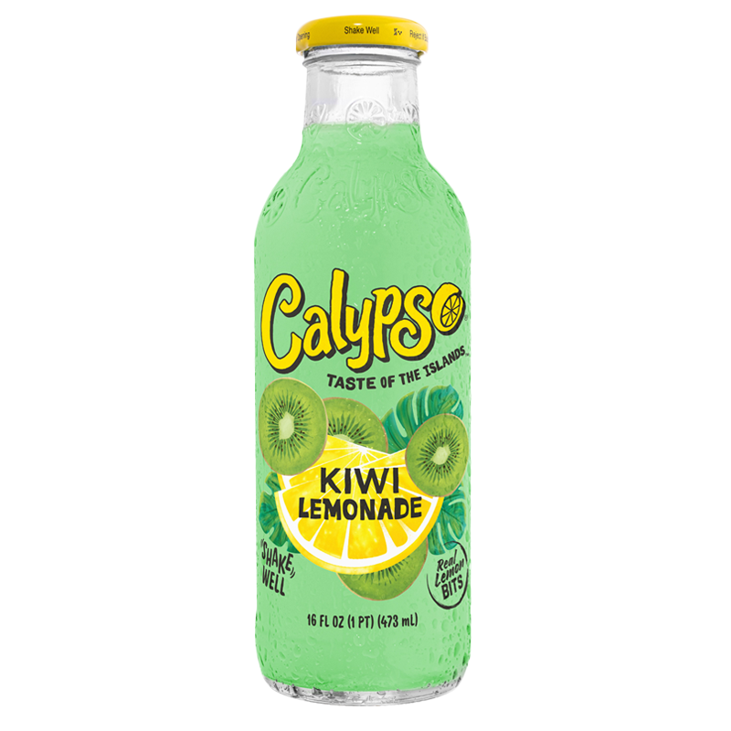 Front of Calypso Kiwi Lemonade bottle featuring the brand logo, kiwi and lemon imagery, and the product name with 473ml volume.