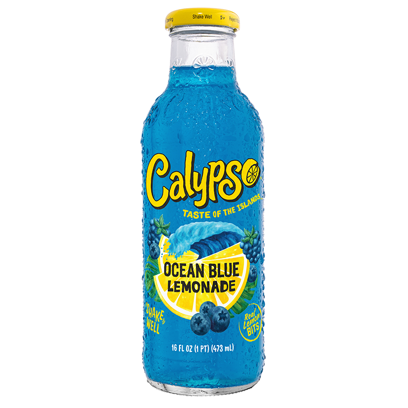 Front of Calypso Ocean Blue Lemonade bottle displaying the Calypso logo, ocean blue lemonade label, and pack size of 473ml
