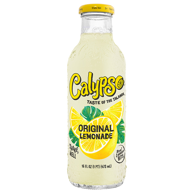 Front of Calypso Original Lemonade bottle showing bright yellow logo, vibrant lemonade, lemon slices, and tropical foliage design (473ml pack)