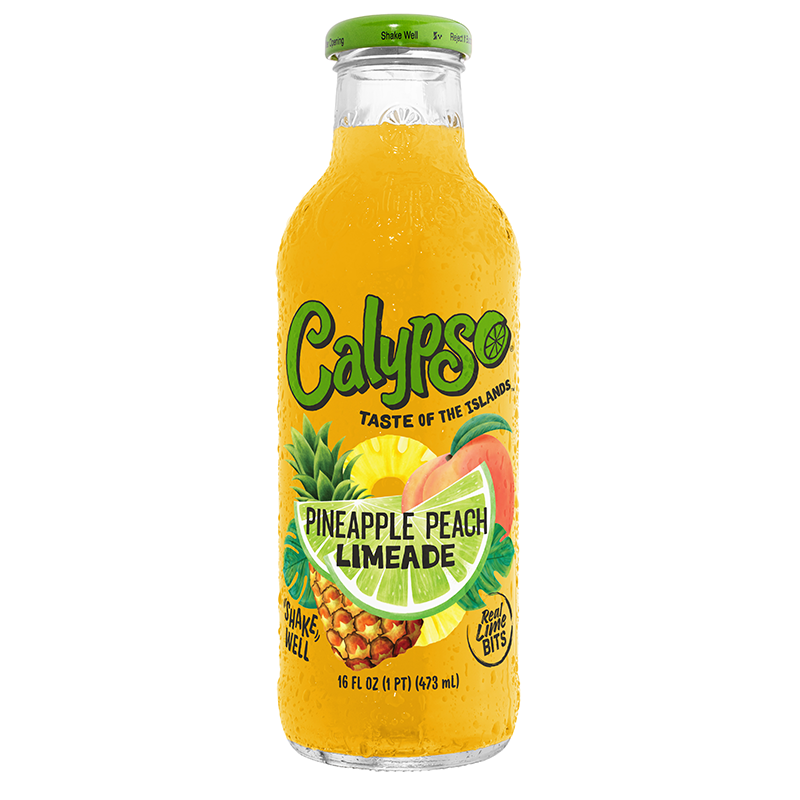 Front of Calypso Pineapple Peach Limeade bottle showing vibrant label with pineapple, peach, and lime visuals (473ml pack)