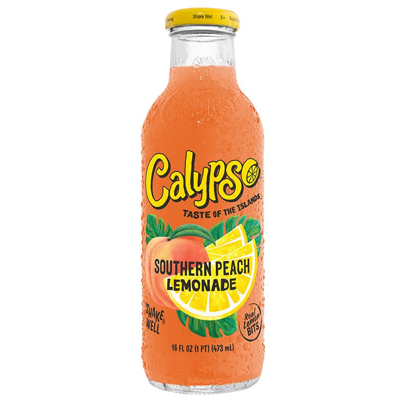 Front of Calypso Southern Peach Lemonade bottle showing logo, peach and lemon graphics, and 473ml size.