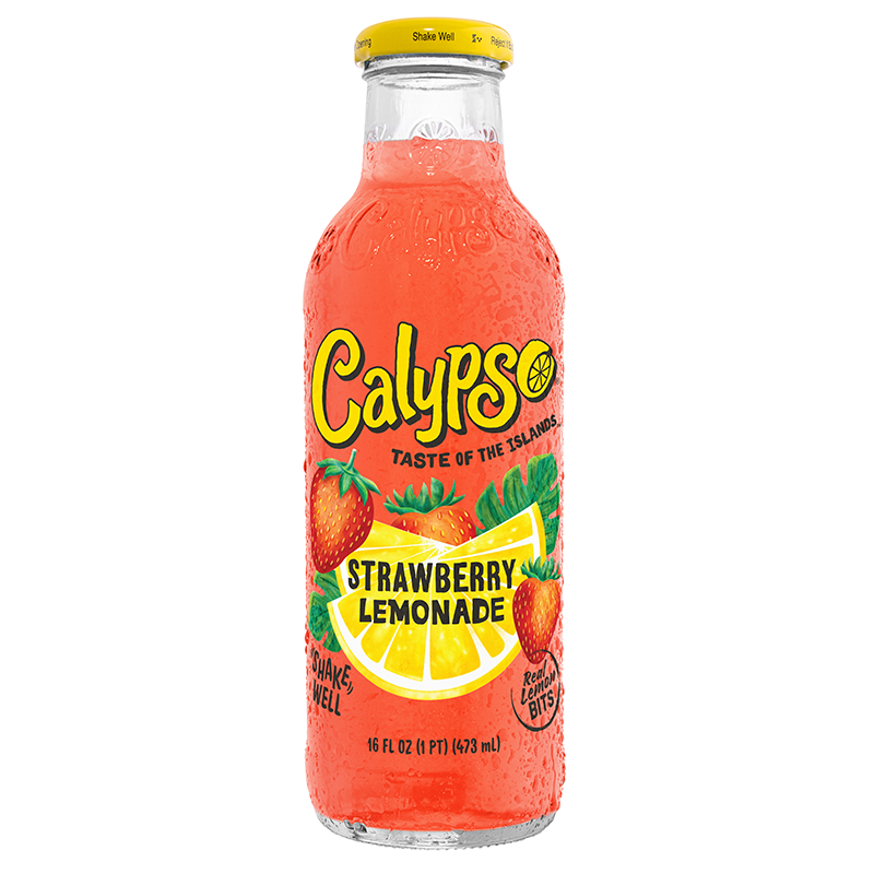 Front of Calypso Strawberry Lemonade bottle showing bright label with logo, strawberries, lemon slice, and 473ml volume.