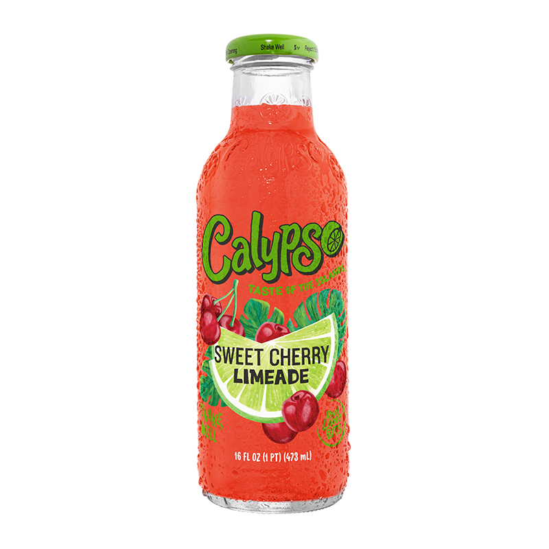 Front of Calypso Sweet Cherry Limeade bottle showing vibrant red drink, logo, and lime and cherry imagery (473ml)