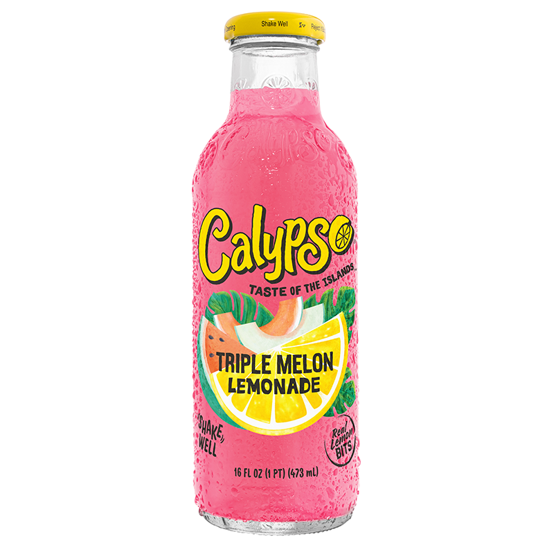 Front of Calypso Triple Melon Lemonade bottle showcasing the logo, colourful design, and vibrant triple melon flavour (473ml)