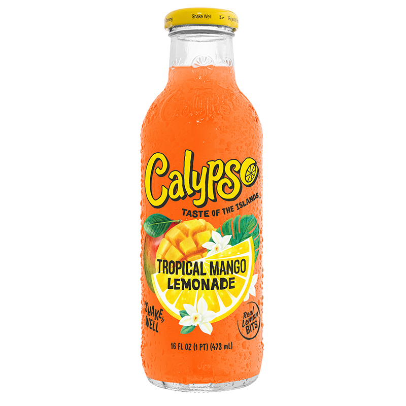 Front of Calypso Tropical Mango Lemonade bottle featuring the logo, tropical fruit design, and 473ml size label.