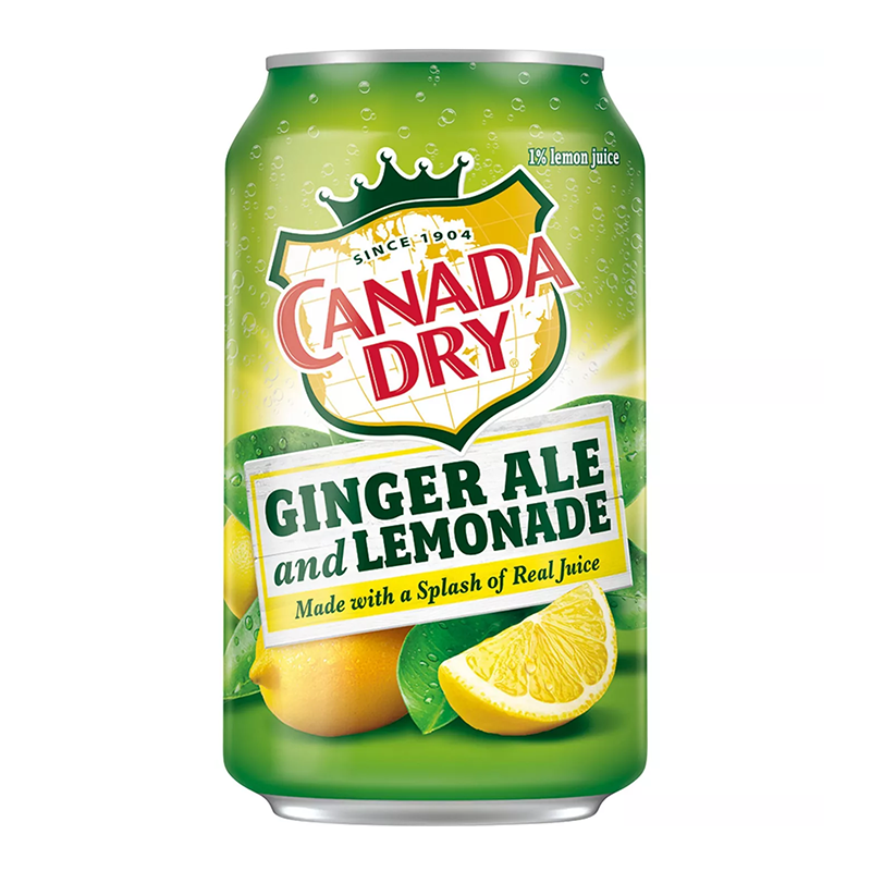 Front of Canada Dry Ginger Ale and Lemonade can showing brand logo, flavour description, and vibrant imagery of lemons (355ml pack)
