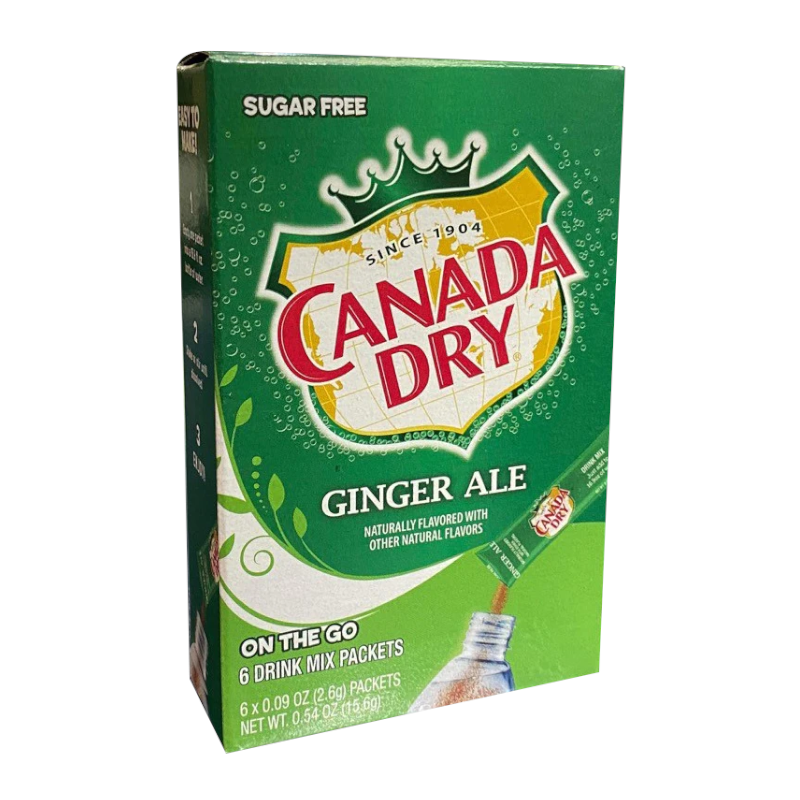 Front of Canada Dry Ginger Ale Singles To Go box showing green packaging, ginger ale label, and details for 6 drink mix packets (15.6g)