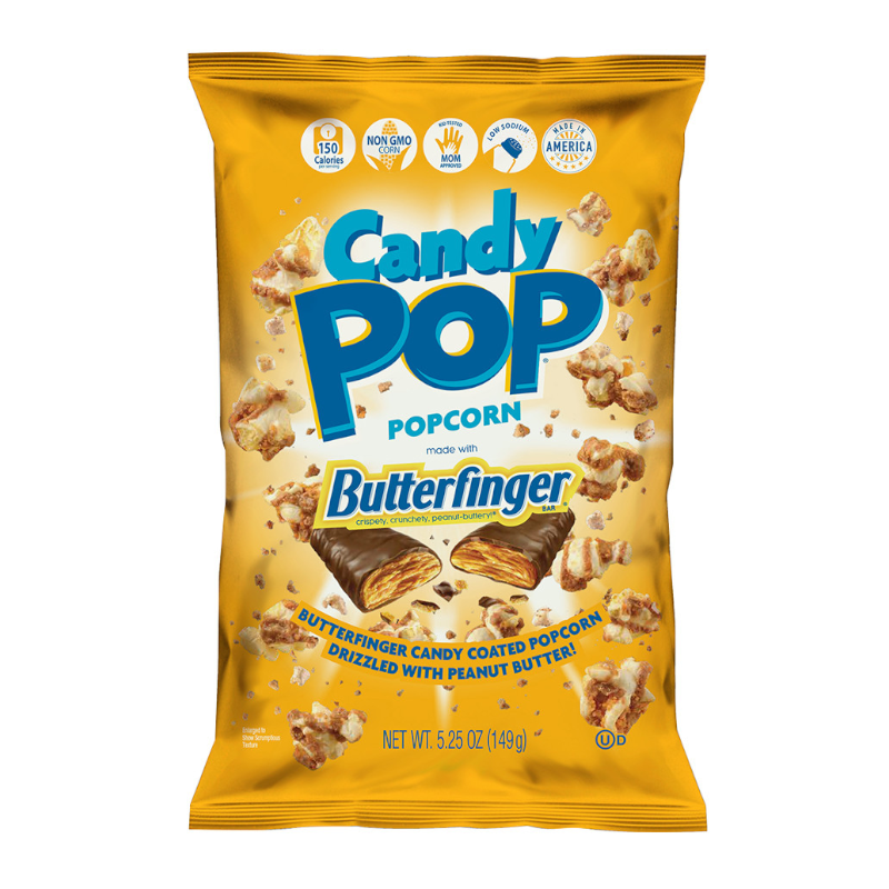 Front of Candy Pop Butterfinger Popcorn BIG BAG showing the bold logo, Butterfinger flavour details, and crunchy popcorn imagery (149g pack)