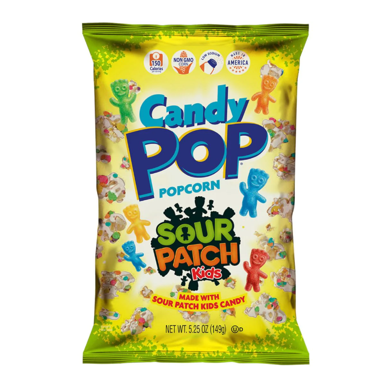 Front of Candy Pop Sour Patch Kids Popcorn BIG BAG (149g) showing vibrant graphics, logo, and colourful Sour Patch Kids characters.