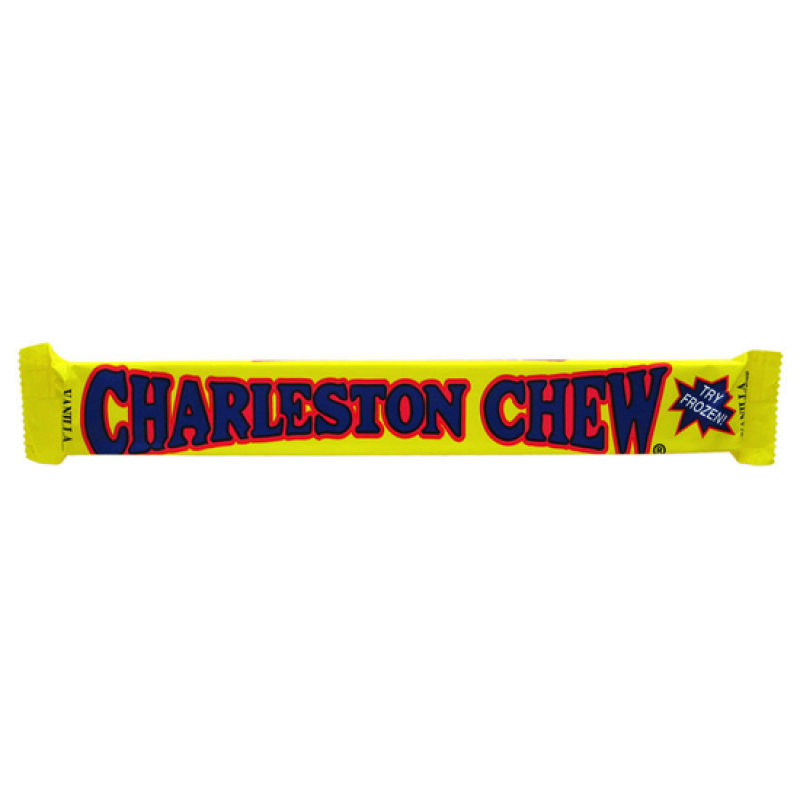 Front of Charleston Chew Vanilla candy showing bright yellow packaging with blue logo and text, 53.2g pack size