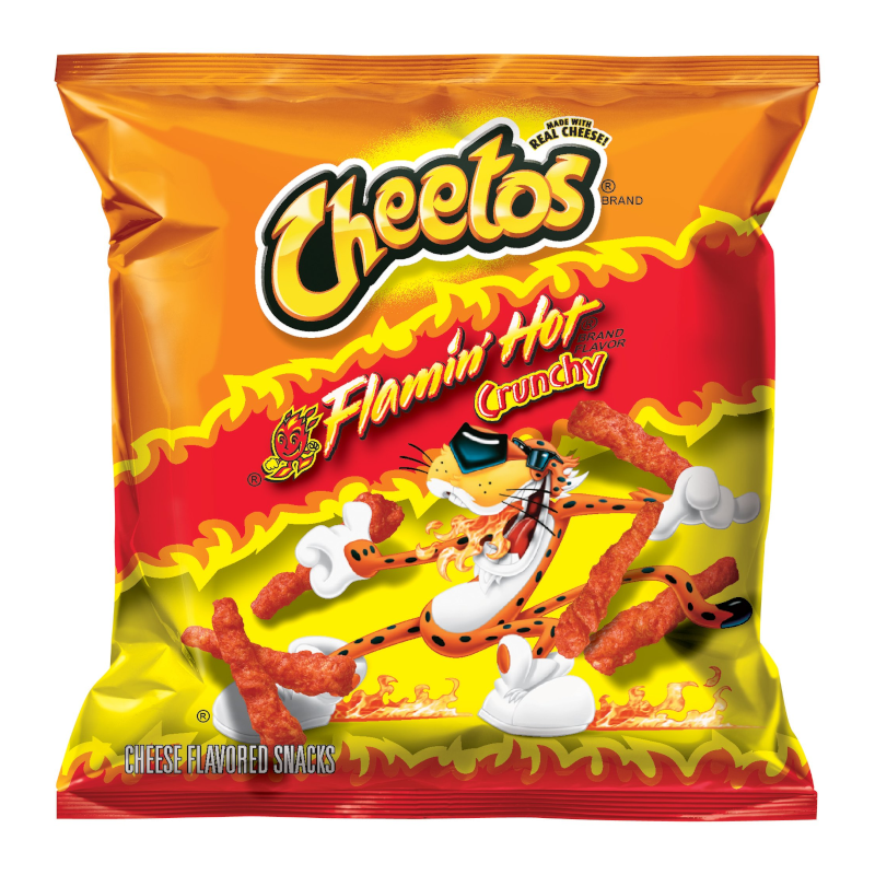 Front of Cheetos Crunchy Flamin' Hot bag showing bold orange and red design with cheese-flavoured snacks and logo (35.4g pack)